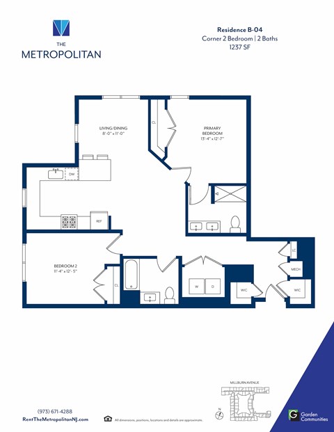 Floor plan for 2 beds, 2 baths, 1237 sqft